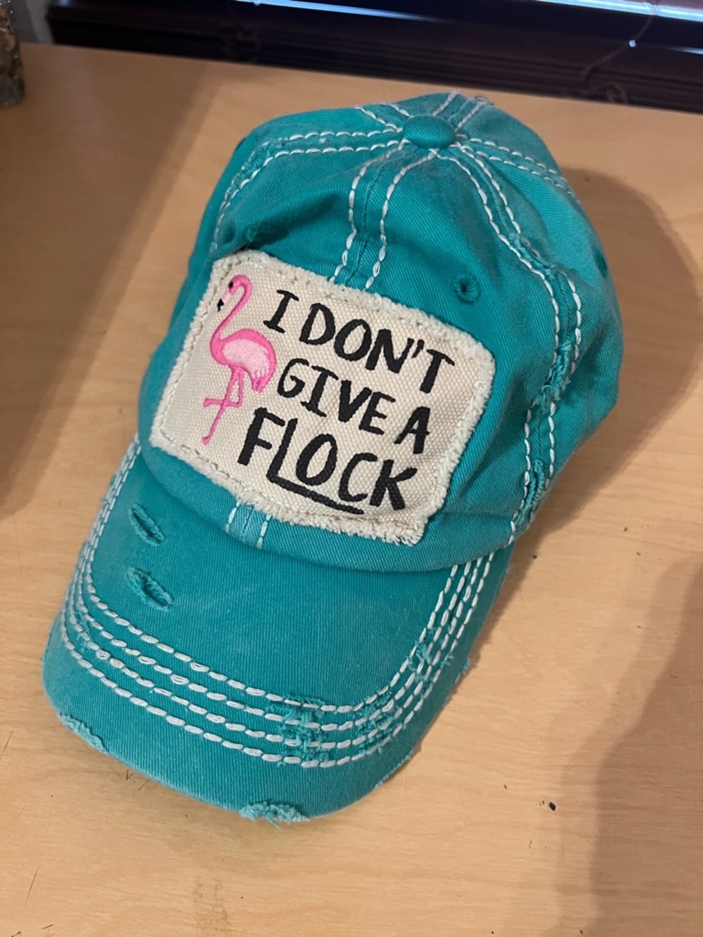 Teal Baseball Cap with Pink Flamingo Patch